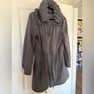 Elie Tahari Taupe Ruffled Collar Trench Coat